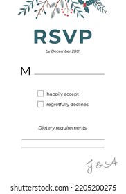 wedding Rsvp card winter design. Template with text. Vector botanical layout in a soft hand-drawn style