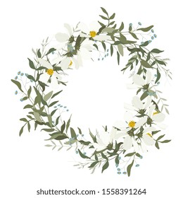 Wedding rustic green wedding wreath, border or frame in watercolor style. Hand drawn greenery and  flowers.
Bohemian  romantic decor, vintage botanical composition for invitation and greeting cards