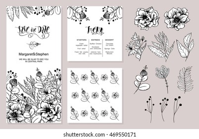 Wedding  in rustic style and a set of design elements. Save the date and menu. Flowers and plants. Hand drawn by pen and ink graphics. Vector illustration.