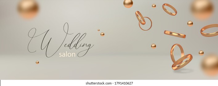 Wedding salon concept illustration  Vector composition and flying 3d wedding golden rings  Horizontal banner  poster  header