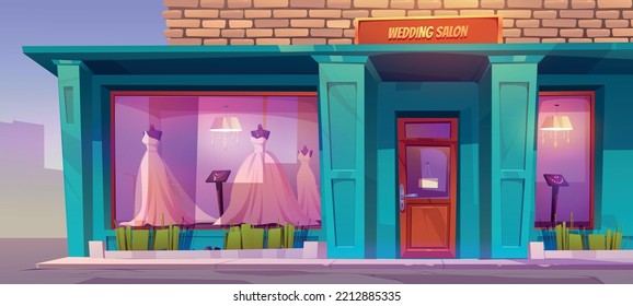 Wedding salon with white gowns on mannequins, jewelry accessories in large illuminated shop windows. Facade of bridal store building on city street. Fashion business. Cartoon vector illustration