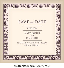 Wedding Save the Date with border frame in Renaissance style. Template framework with vintage background artwork