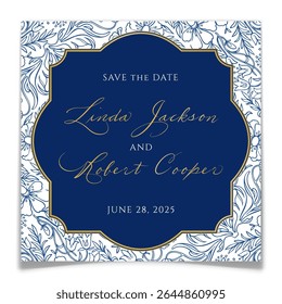 Wedding save the date card with blue floral line art in toile de jouy style. Marriage invite postcard with hand drawn flower background and navy blue frame with gold typography. Vector illustration.