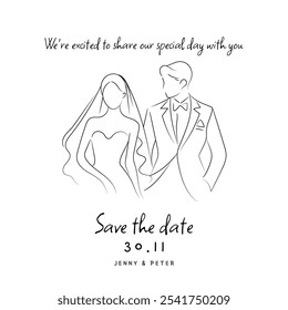 Wedding save the date card features a simple and elegant bride and groom pose illustration on a white background