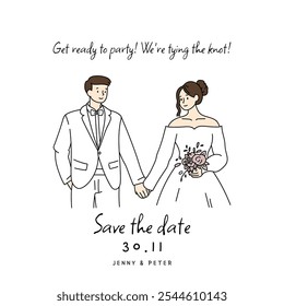 Wedding save the date card features a simple and elegant bride and groom holding hand illustration on a white background