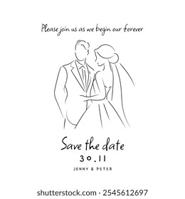 Wedding save the date card features a simple and elegant bride and groom pose illustration on a white background