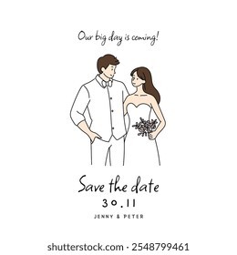 Wedding save the date card features a simple and elegant bride and groom embracing illustration on a white background