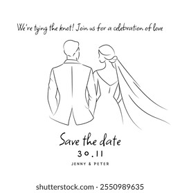 Wedding save the date card features a simple and elegant bride and groom pose illustration on a white background