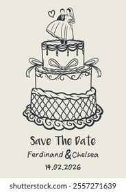 Wedding Save the Date Card with Hand-Drawn Cake Illustration