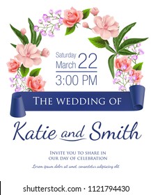 Wedding save the date design with flowers, half of wreath and violet ribbon. Text can be used for invitation cards, postcards, announcements