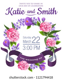 Wedding save the date design with snowdrops, peonies, floral wreath and violet ribbon. Text can be used for invitation cards, postcards, announcements