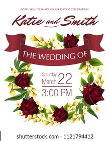 Wedding save the date design with yellow floral wreath, red roses and maroon ribbon. Text can be used for invitation cards, postcards, announcements