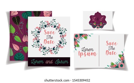 wedding save the date floral cards invitation flowers vector illustration
