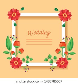 wedding save the date flowers floral square frame yellow background vector illustration
