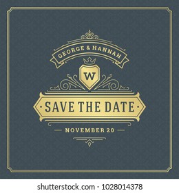 Wedding save the date invitation card vector illustration. Wedding invite title vintage design. Golden style and pattern background.