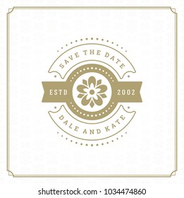 Wedding save the date invitation card vector illustration. Wedding invite title vintage design. Golden style and pattern background.