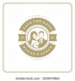 Wedding save the date invitation card vector illustration. Wedding invite title vintage design. Golden style and pattern background.