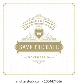 Wedding save the date invitation card vector illustration. Wedding invite title vintage design. Golden style and pattern background.