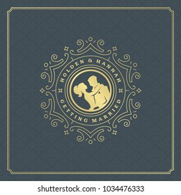 Wedding save the date invitation card vector illustration. Wedding invite title vintage design. Golden style and pattern background.