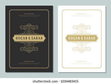 Wedding save the date invitation card vector illustration. Wedding invite title vintage design. Golden style.