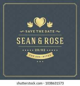 Wedding save the date invitation card vector illustration. Wedding invite title vintage design. Golden style and pattern background.