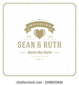 Wedding save the date invitation card vector illustration. Wedding invite title vintage design. Golden style and pattern background.