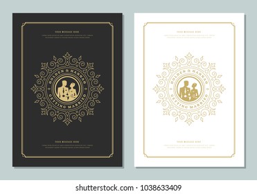 Wedding save the date invitation card vector illustration. Wedding invite title vintage design. Golden style.