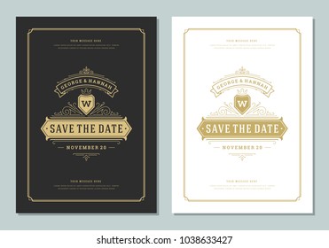 Wedding save the date invitation card vector illustration. Wedding invite title vintage design. Golden style.