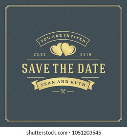 Wedding save the date invitation card vector illustration. Wedding invite title vintage design. Golden style and pattern background.