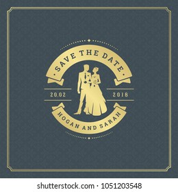 Wedding save the date invitation card vector illustration. Wedding invite title vintage design. Golden style and pattern background.