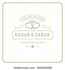 Wedding save the date invitation card vector illustration. Wedding invite title vintage design. Golden style and pattern background.