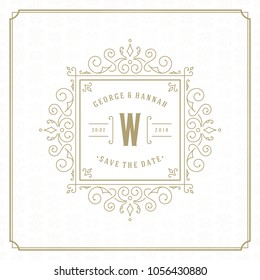 Wedding save the date invitation card vector illustration. Wedding invite title vintage design. Golden style and pattern background.