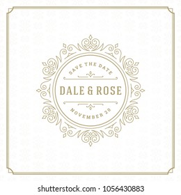 Wedding save the date invitation card vector illustration. Wedding invite title vintage design. Golden style and pattern background.