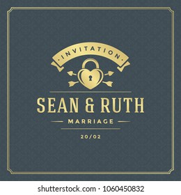 Wedding save the date invitation card vector illustration. Wedding invite title vintage design. Golden style and pattern background.