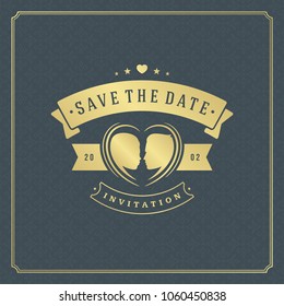 Wedding save the date invitation card vector illustration. Wedding invite title vintage design. Golden style and pattern background.