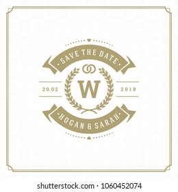 Wedding save the date invitation card vector illustration. Wedding invite title vintage design. Golden style and pattern background.