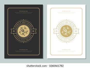 Wedding save the date invitation card vector illustration. Wedding invite title vintage design. Golden style.