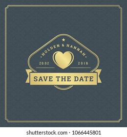 Wedding save the date invitation card vector illustration. Wedding invite title vintage design. Golden style and pattern background.