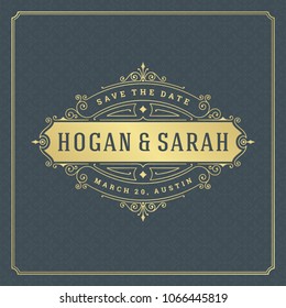 Wedding save the date invitation card vector illustration. Wedding invite title vintage design. Golden style and pattern background.