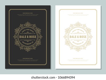 Wedding save the date invitation card vector illustration. Wedding invite title vintage design. Golden style.