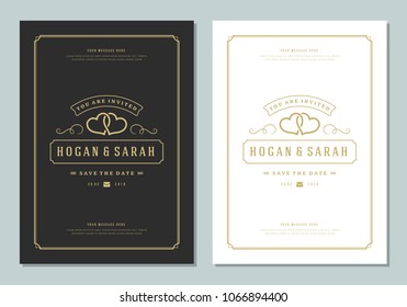 Wedding save the date invitation card vector illustration. Wedding invite title vintage design. Golden style.