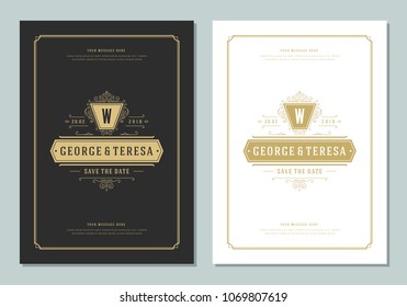 Wedding save the date invitation card vector illustration. Wedding invite title vintage design. Golden style.