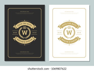 Wedding save the date invitation card vector illustration. Wedding invite title vintage design. Golden style.