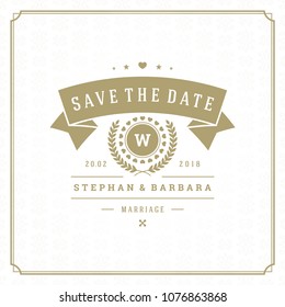 Wedding save the date invitation card vector illustration. Wedding invite title vintage design. Golden style and pattern background.