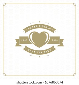 Wedding save the date invitation card vector illustration. Wedding invite title vintage design. Golden style and pattern background.