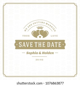 Wedding save the date invitation card vector illustration. Wedding invite title vintage design. Golden style and pattern background.