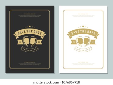 Wedding save the date invitation card vector illustration. Wedding invite title vintage design. Golden style.