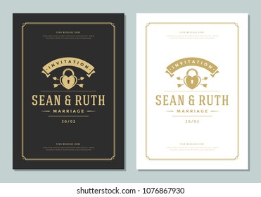 Wedding save the date invitation card vector illustration. Wedding invite title vintage design. Golden style.