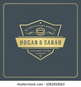 Wedding save the date invitation card vector illustration. Wedding invite title vintage design. Golden style and pattern background.