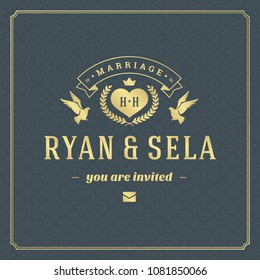 Wedding save the date invitation card vector illustration. Wedding invite title vintage design. Golden style and pattern background.